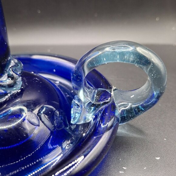 Blue Glass Artisan Candlestick  Whimsical Curved Handle Vintage Handblown Decor - Picture 5 of 8